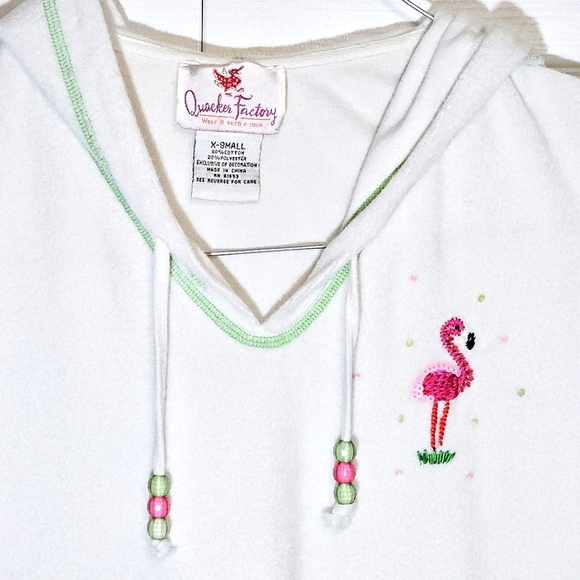 Quacker Factory Beach Cover-Up Terrycloth Womens XS Flamingo Hood Sequins Lounge - Picture 4 of 11